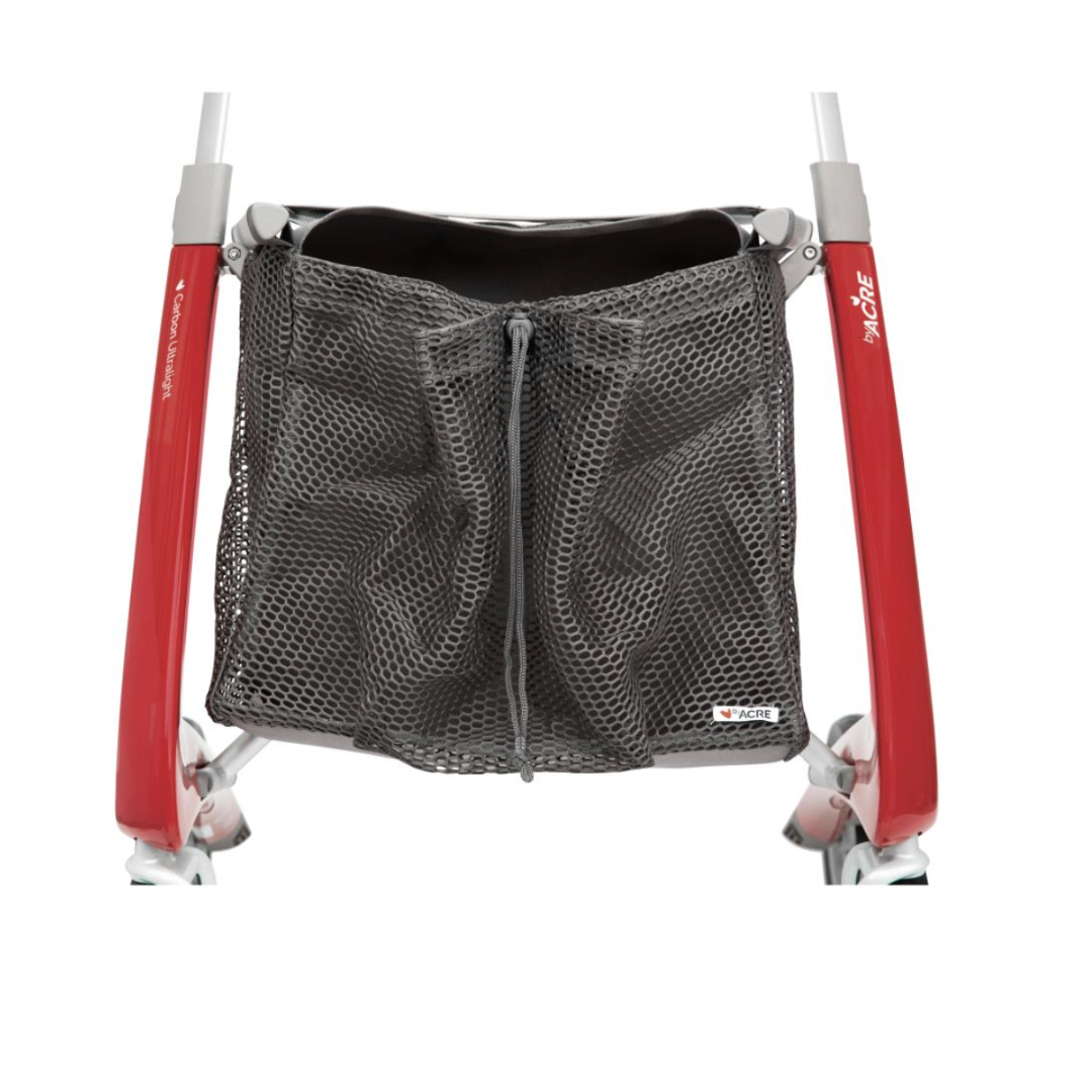 The ByAcre Accessories for the Ultralight Carbon Fiber Rollators include a red and gray walker with sleek handles and a front gray mesh bag featuring a drawstring closure for easy access and secure storage.